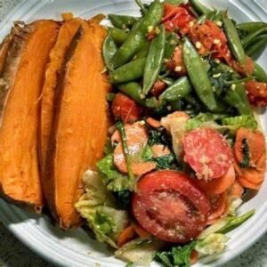 Plant base Roasted sweet potatoes  salad w/baby  tomatoes and vegetable salad